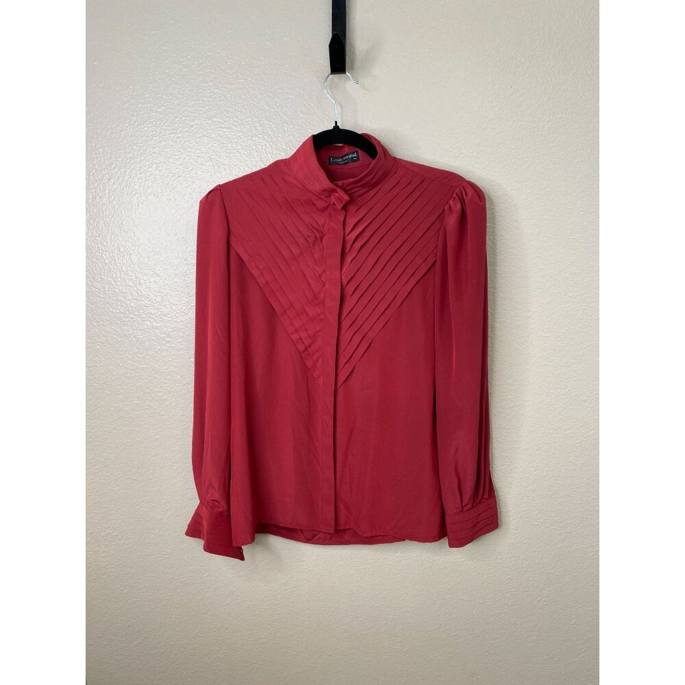 Louis Feraud Paris Womens Pleated Detail Red Long Sleeve Button-Up Blouse Sz 36